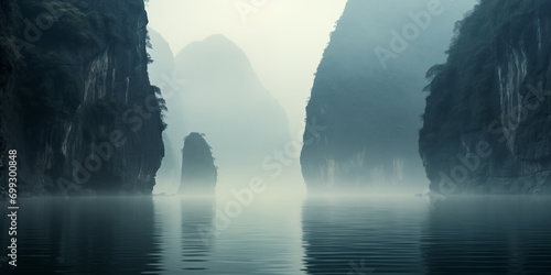 tropical coast with rocky cliffs in morning fog