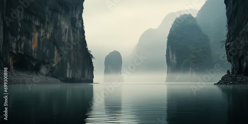 aerial predawn view of the tropical coast with karst limestone islets and cliffs in morning fog