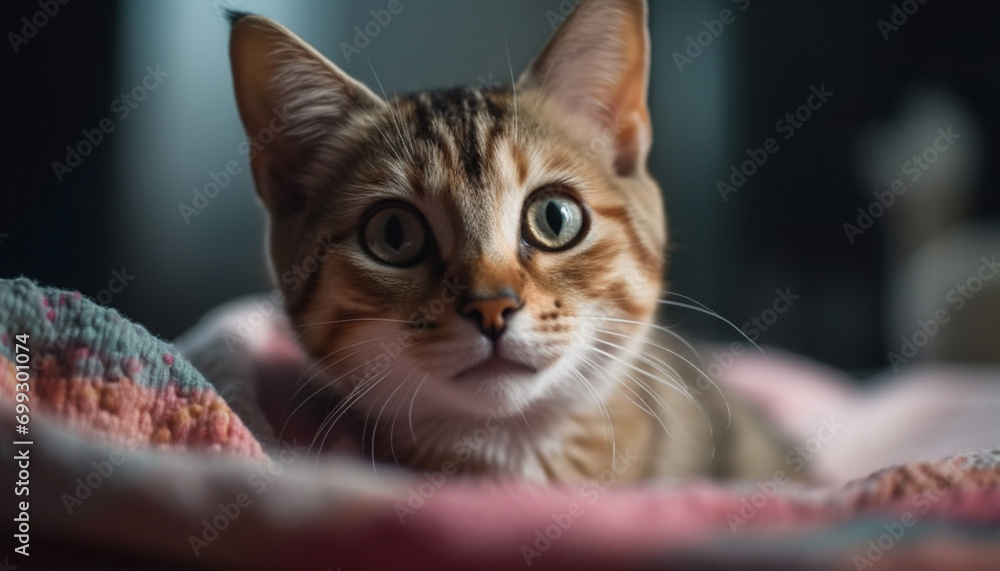 Cute domestic cat, playful and fluffy, staring with curiosity indoors generated by AI Cute domestic cat, playful and fluffy, staring with curiosity indoors generated by AI