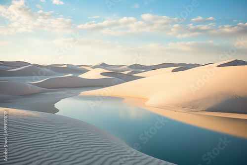 lake with clear water between dunes in the desert after rain photo