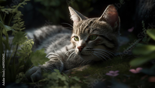 Cute kitten sitting in grass, staring at camera, playful and fluffy generated by AI