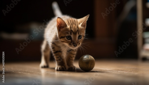 Cute kitten playing with toy ball, looking at camera indoors generated by AI © Jeronimo Ramos