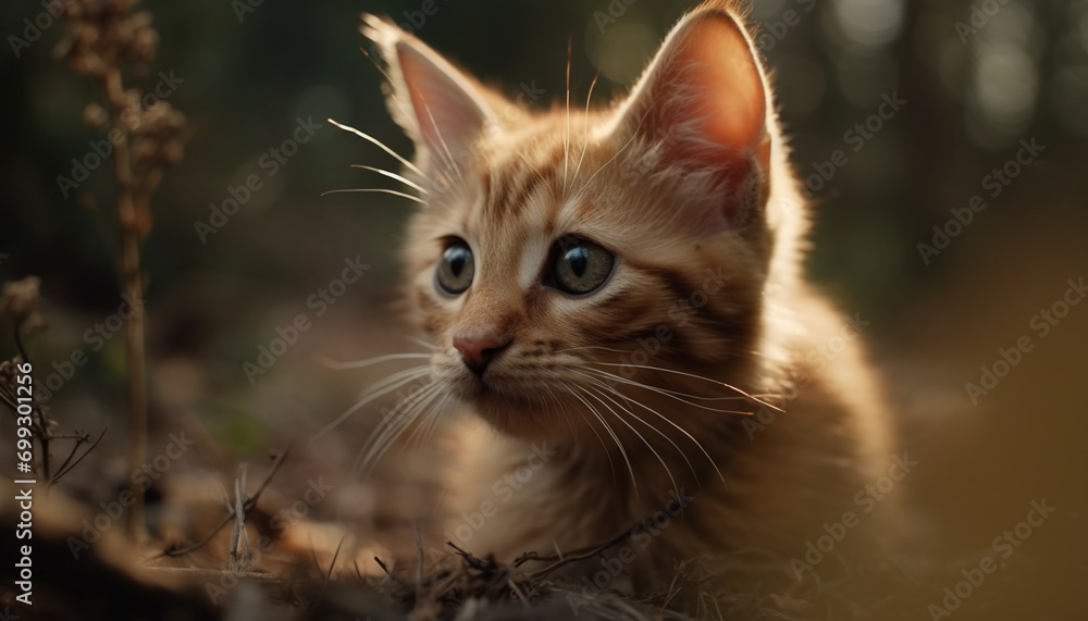 Cute kitten sitting in grass, staring with playful curiosity generated by AI
