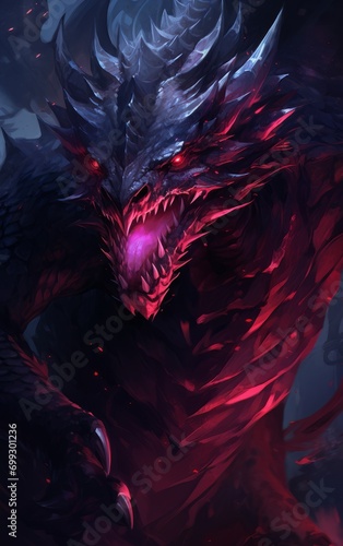 Fantasy dragon Furious mythical creature in neon light, AI © Vitalii But