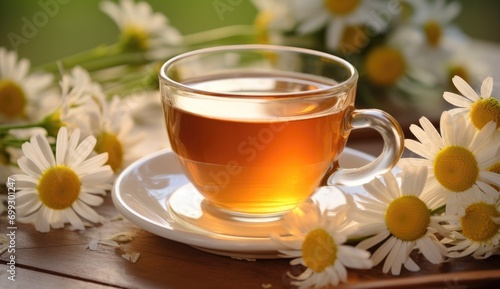 : A clear cup of tea with chamomile flowers on a wooden table against a backdrop of greenery