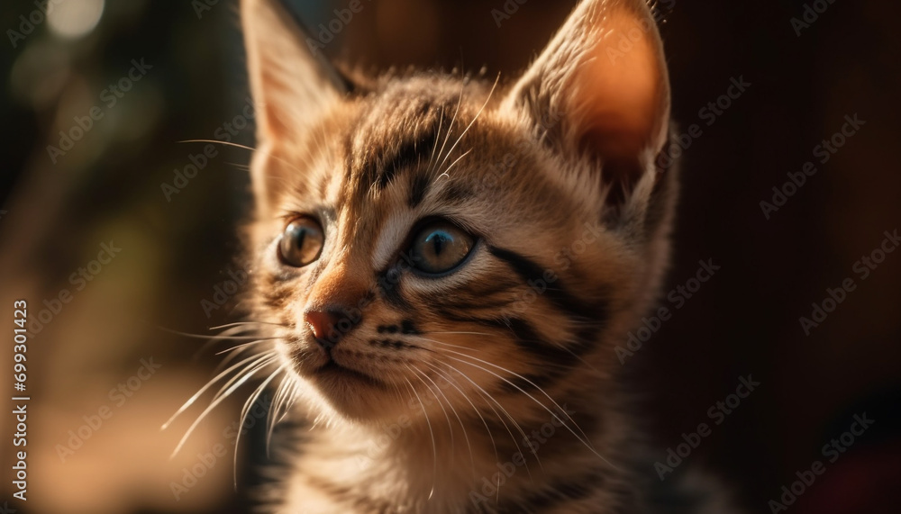 Cute kitten staring, playful and curious, fluffy fur, softness in nature generated by AI Cute kitten staring, playful and curious, fluffy fur, softness in nature generated by AI