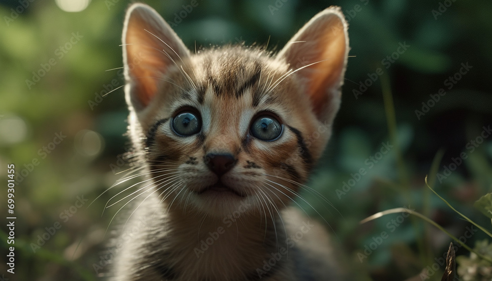 Cute kitten sitting in grass, staring with curious yellow eyes generated by AI