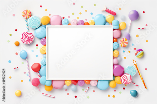 Cheerful text frame border for a baby's album, colorful balloons and children's motifs. Blank copy space. Isolated on white.