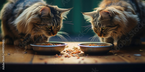 A pair of cute, long-haired cats with bowls of healthy food.