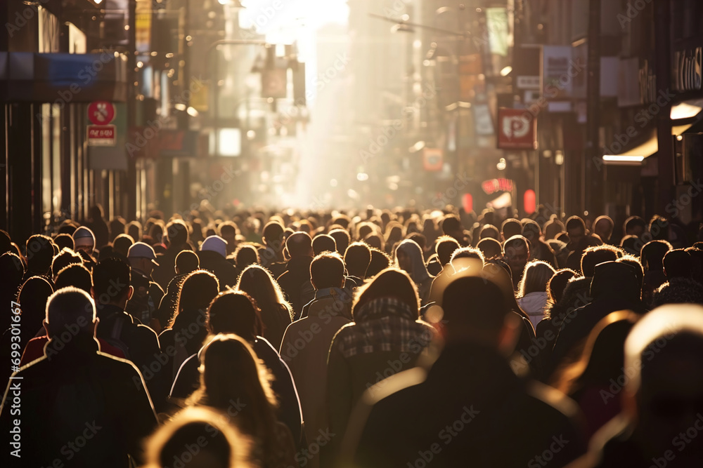 Obraz premium A very busy street with people at sunset. Oncoming sun.
