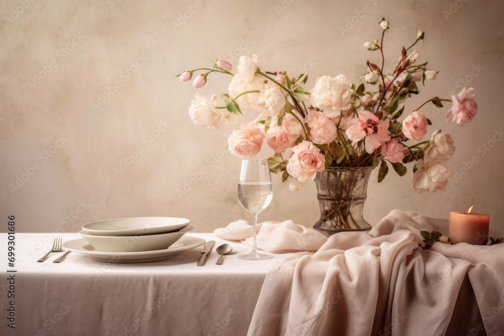 A table setting with a warm and inviting atmosphere. Beautiful romantic elegant floral decor in pink colors. Generative AI A table setting with a warm and inviting atmosphere. Beautiful romantic elegant floral decor in pink colors. Generative AI