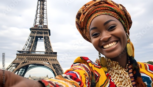 Obraz na plátne 20 year old african woman taking a selfie at the eiffel tower