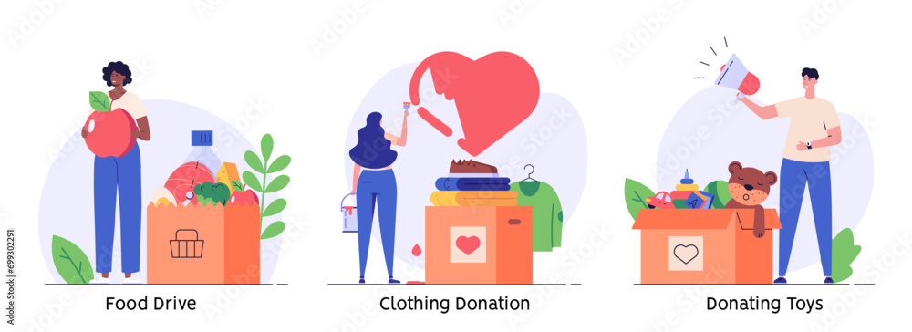 Volunteer group collecting donations. Charity organization donating clothes, food and toys for poor people. Concept of clothing donations, volunteer help, donate food, toys. Vector flat illustration - obrazy, fototapety, plakaty 