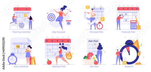 Planning calendar, personal plan and class schedule set. People exercise with workout plan and control weight. Diet plan concept. Deadline and time management. Vector illustration set in flat design photo