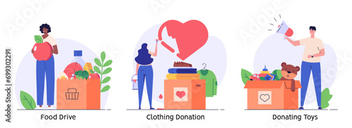 Volunteer group collecting donations. Charity organization donating clothes, food and toys for poor people. Concept of clothing donations, volunteer help, donate food, toys. Vector flat illustration