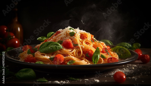 Fresh tomato pasta, a gourmet meal on a wooden plate generated by AI