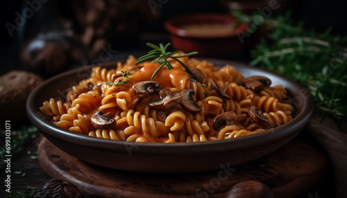 Healthy homemade pasta meal on rustic wooden table, close up freshness generated by AI