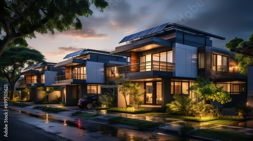Night view of modern townhouses with rooftop gardens and exterior lighting © DigitalMuse