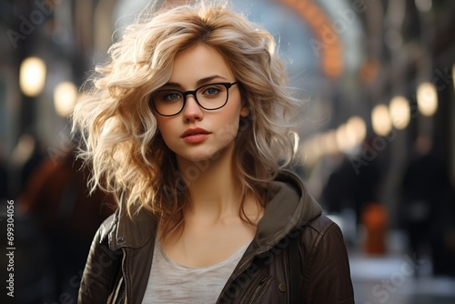 Young woman in eyeglasses standing on street
