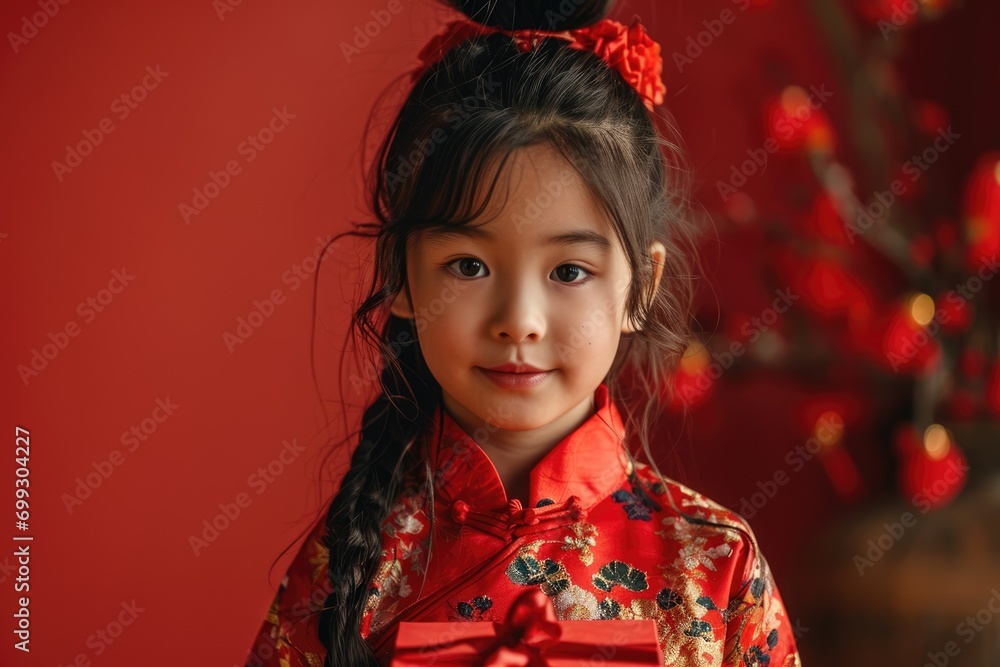 Cute little asian girl holding red gift box for chinese new year celebration Cute little asian girl holding red gift box for chinese new year celebration