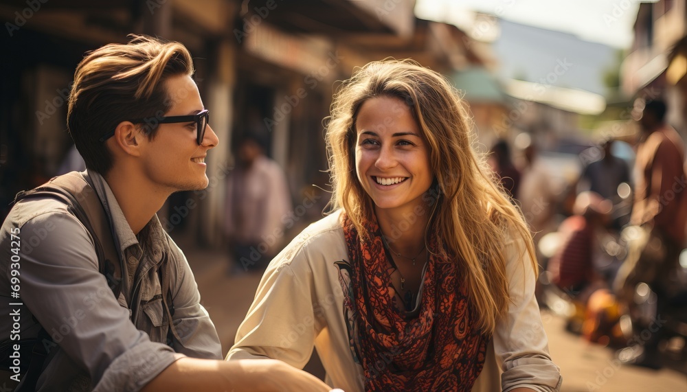 A happy couple wearing glasses enjoys a walk through a busy market, a young man and woman smiling at each other amid the bustle of the city.
A happy couple wearing glasses enjoys a walk through a busy market, a young man and woman smiling at each other amid the bustle of the city.