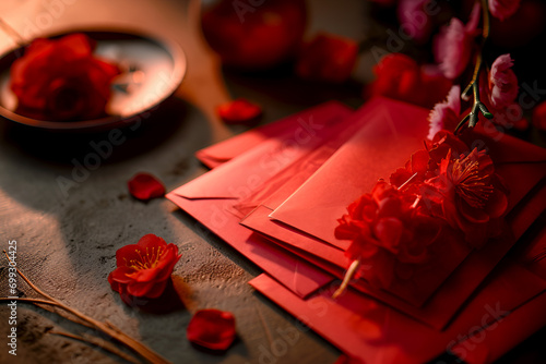 Traditional Chinese festive red envelopes for goof fortune, wealth and happiness, selective focus image. Chinese New Year gift concept. Red envelopes close-up among sakura flowers, defocused photo