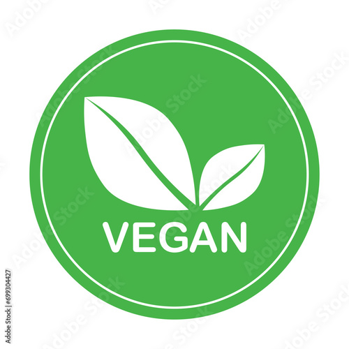 Vegan green vector icon. Organic, bio, eco symbol. Vegan, no meat, lactose free, healthy, fresh and nonviolent food. Round green vector illustration with leaves for stickers, labels, web and logos.	