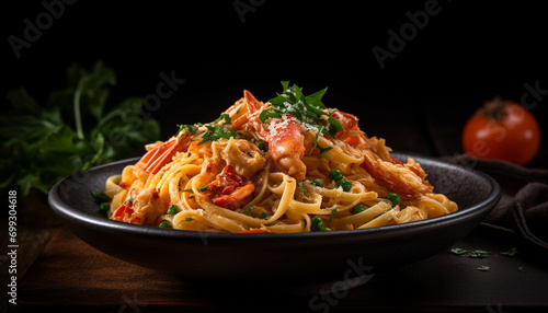 Freshly cooked pasta with homemade bolognese sauce, garnished with parsley generated by AI