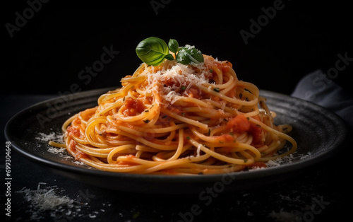 Freshly cooked pasta with tomato sauce and Parmesan cheese on plate generated by AI