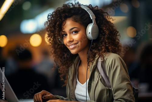 Smiling ethnic woman listening to music on street