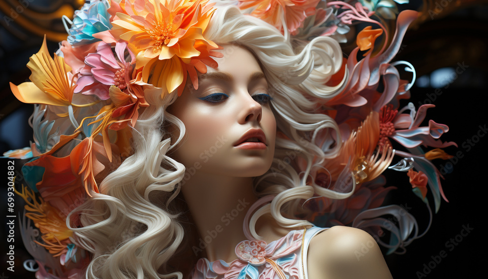 A beautiful blond woman with curly hair and elegance generated by AI A beautiful blond woman with curly hair and elegance generated by AI