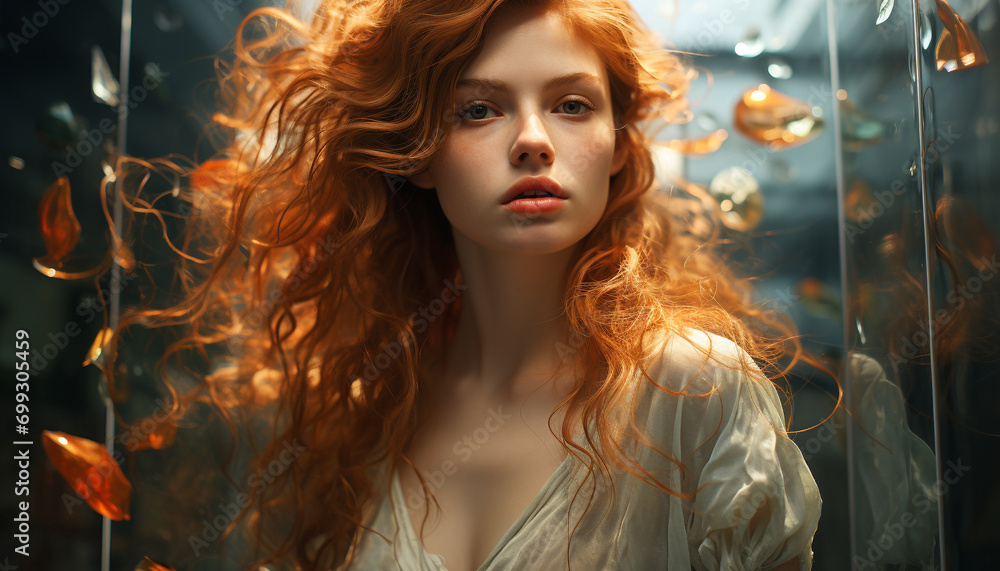 A beautiful young woman with long curly hair looking at camera generated by AI A beautiful young woman with long curly hair looking at camera generated by AI
