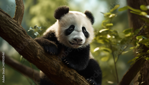 Cute panda sitting on branch, eating bamboo in green forest generated by AI