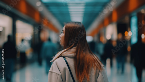 Young woman walking in a crowded subway station during rush hour generated by AI
