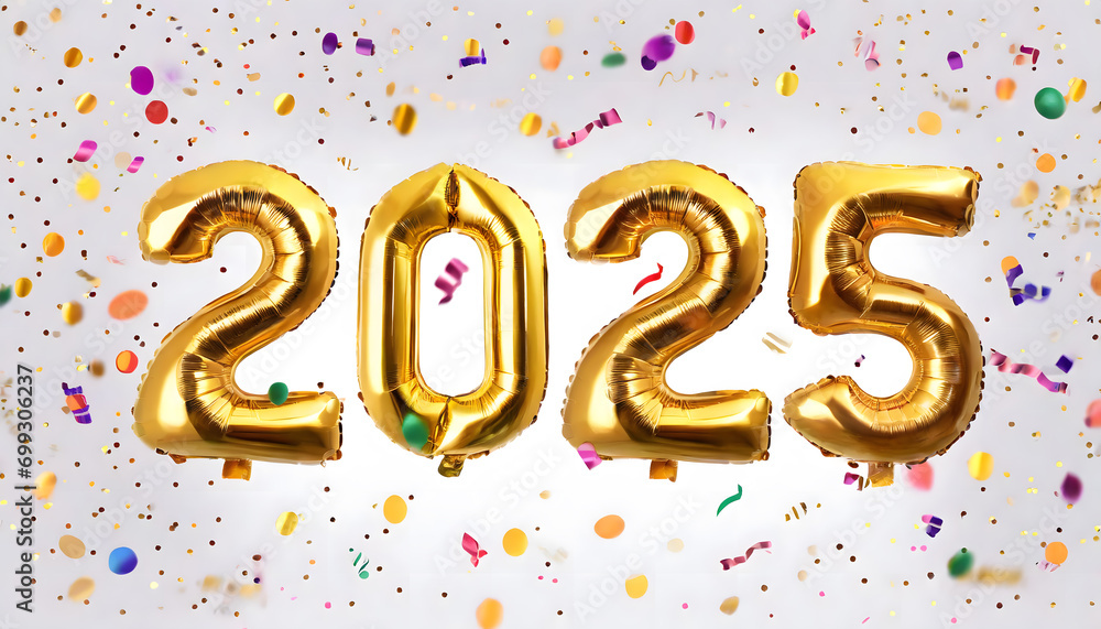 Happy New Year 2025 design, golden foil balloons with the numbers 2025 and colorful confetti, turn of the year 2024/2025 symbol image. Helium. Party, greeting card, Advertising, Anniversary Happy New Year 2025 design, golden foil balloons with the numbers 2025 and colorful confetti, turn of the year 2024/2025 symbol image. Helium. Party, greeting card, Advertising, Anniversary