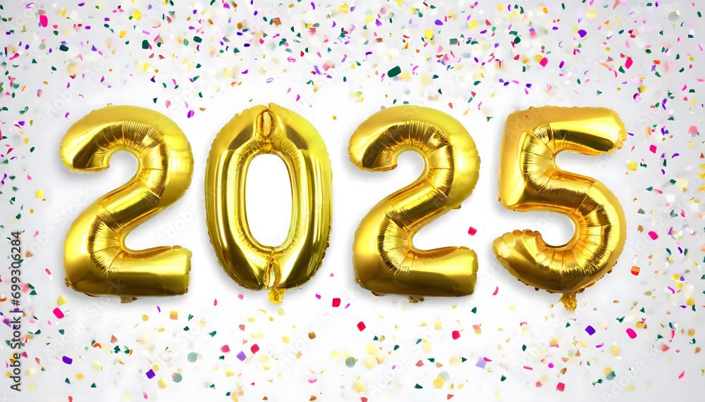 Happy New Year 2025 design, golden foil balloons with the numbers 2025 and colorful confetti, turn of the year 2024/2025 symbol image. Helium. Party, greeting card, Advertising, Anniversary Happy New Year 2025 design, golden foil balloons with the numbers 2025 and colorful confetti, turn of the year 2024/2025 symbol image. Helium. Party, greeting card, Advertising, Anniversary