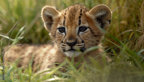 Cute young cheetah hiding in grass  staring at camera  Africa generated by AI
