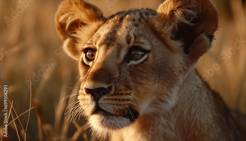 Lioness walking in the wilderness, staring with majestic beauty generated by AI