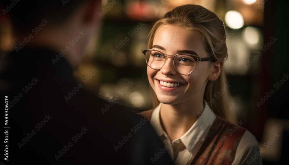 Young adults, one woman and one man, smiling indoors at work generated by AI Young adults, one woman and one man, smiling indoors at work generated by AI