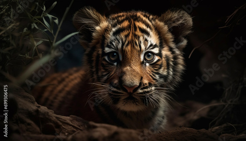 A majestic Bengal tiger walks through the forest  alert and focused generated by AI