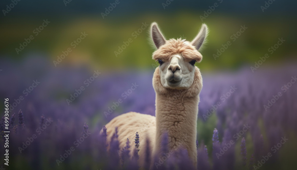 Fototapeta premium Cute alpaca grazing on green meadow, looking at camera generated by AI