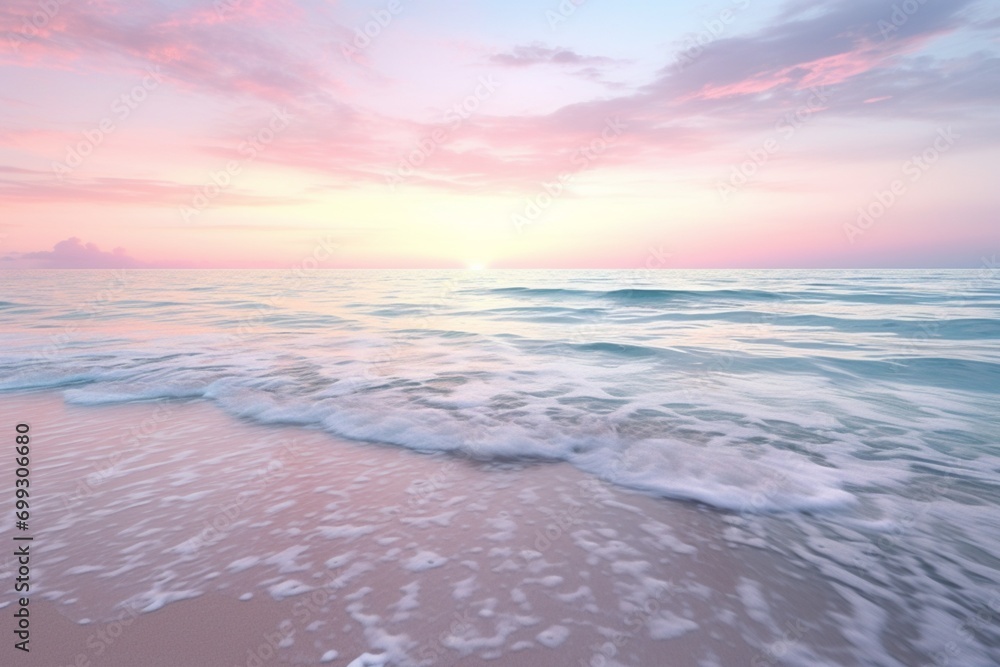 Obraz premium A tranquil scene of a calm sea at sunrise, representing new beginnings and hope, with gentle waves and pastel colors