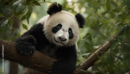 Cute panda in nature, sitting on a tree, eating bamboo generated by AI