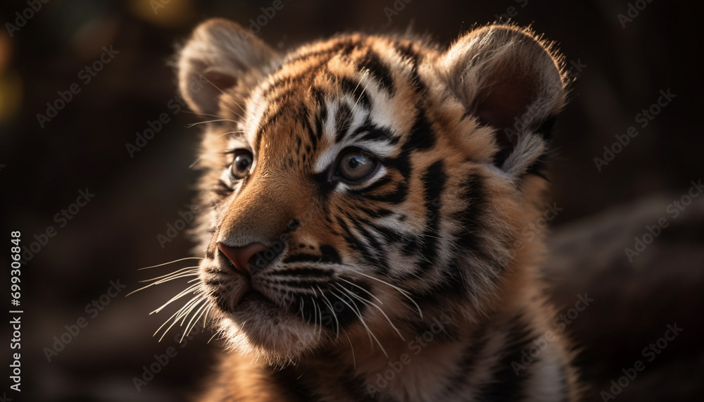 Fototapeta premium Majestic tiger, wildcat beauty, staring danger, nature undomesticated portrait generated by AI