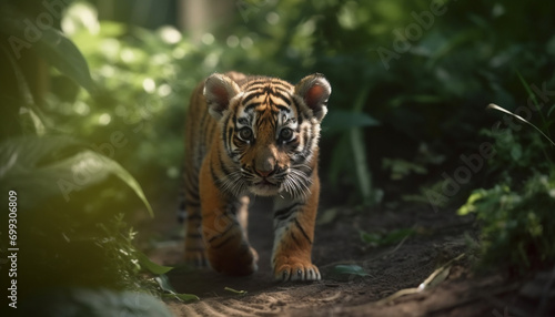 Bengal tiger, striped feline, endangered species, tropical rainforest, large fur generated by AI © Jeronimo Ramos