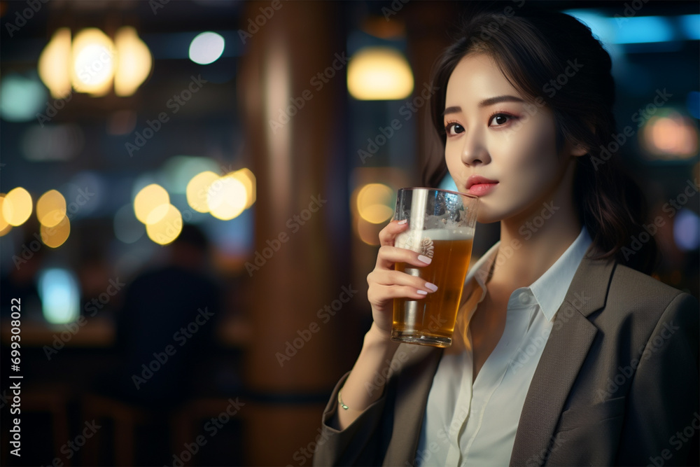 バーでビールを飲み女性 バーでビールを飲み女性