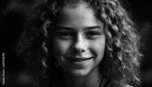 Smiling young woman with curly brown hair, outdoors, looking confident generated by AI © Jeronimo Ramos