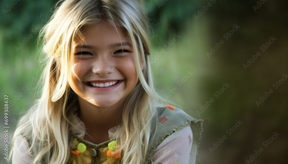 Smiling blond girl in nature, looking at camera with happiness generated by AI Smiling blond girl in nature, looking at camera with happiness generated by AI