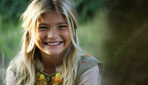 Smiling blond girl in nature, looking at camera with happiness generated by AI