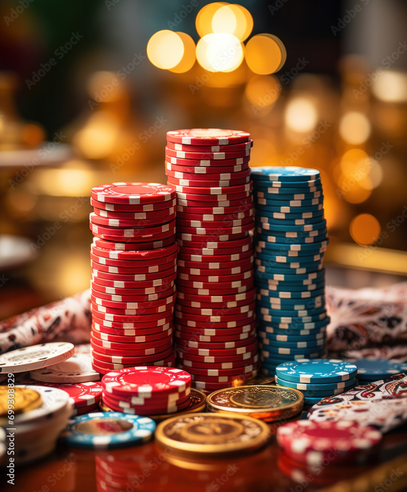 a pile of casino chips resting on the poker table, generative AI a pile of casino chips resting on the poker table, generative AI